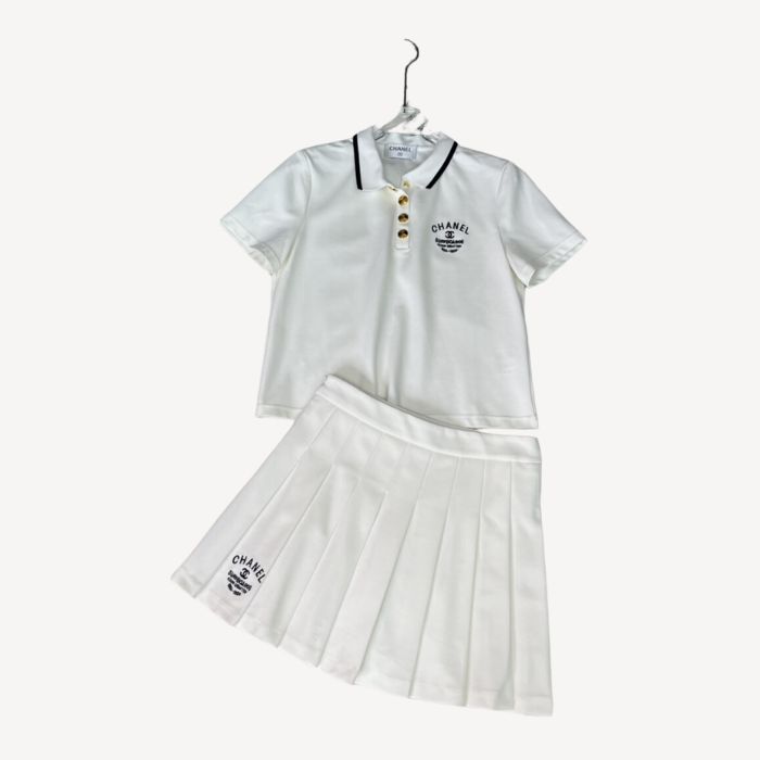 Chanel Breasted Lapel Top + High Waisted Pleated Skirt White For Women