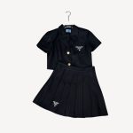 Prada Breasted Lapel Top + High Waisted Pleated Skirt Black For Women