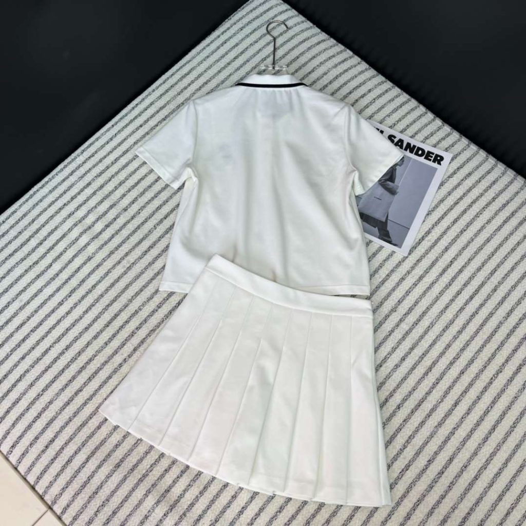 Chanel Breasted Lapel Top + High Waisted Pleated Skirt White For Women