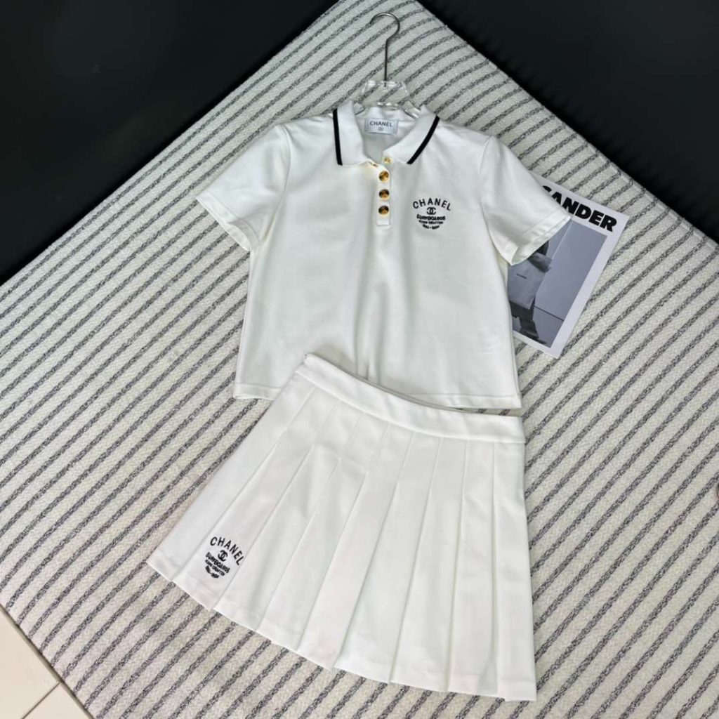 Chanel Breasted Lapel Top + High Waisted Pleated Skirt White For Women