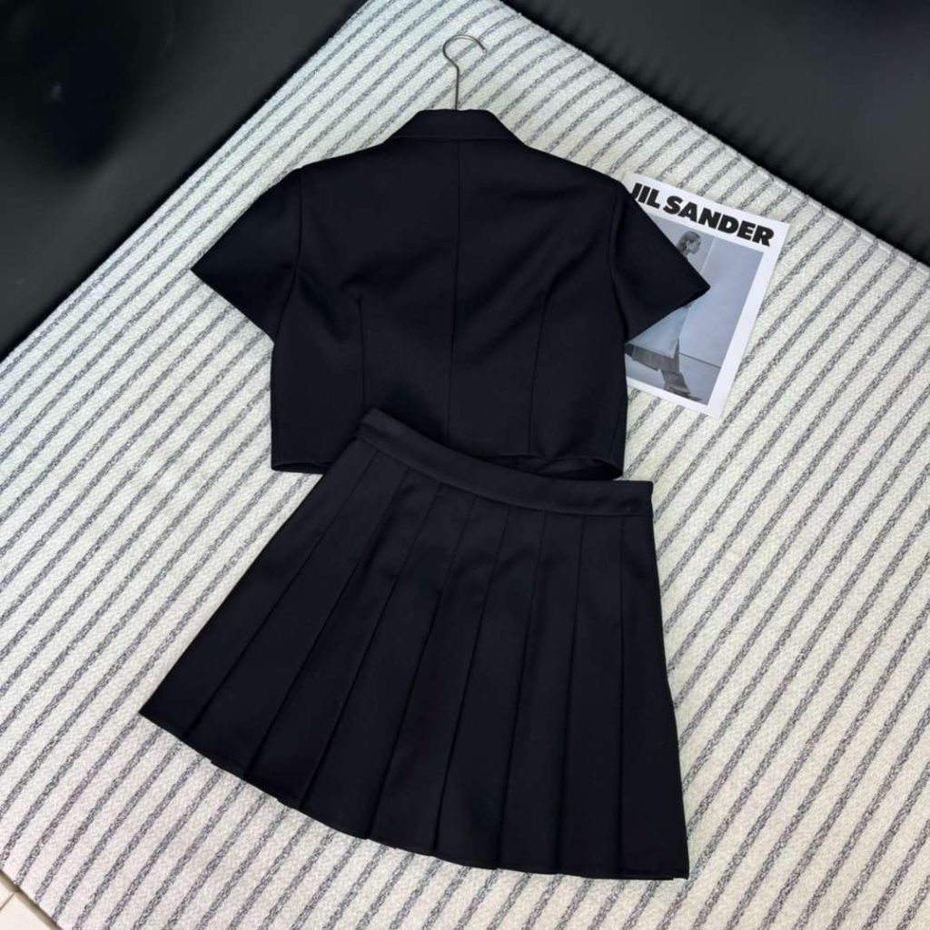 Prada Breasted Lapel Top + High Waisted Pleated Skirt Black For Women