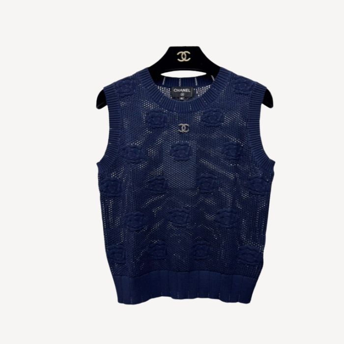 Chanel Camellia Knitted Vest Navy Blue For Women – Size M