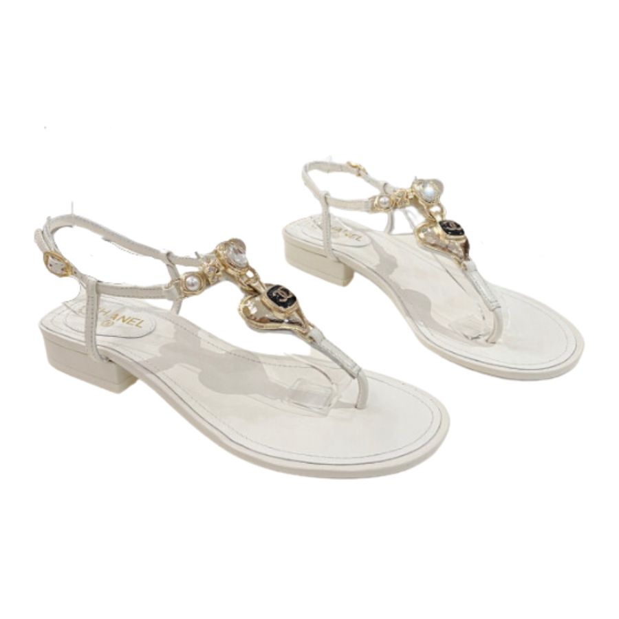 Chanel Crystal Low Heels Flip Flops White For Women