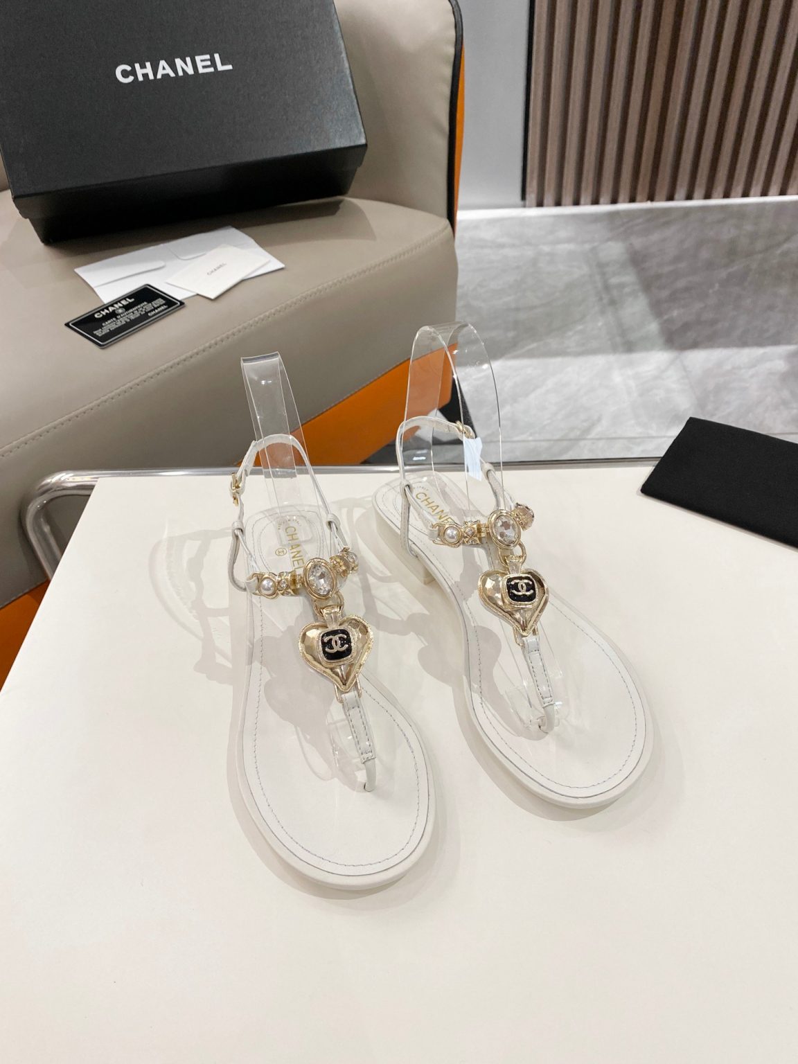 Chanel Crystal Low Heels Flip Flops White For Women