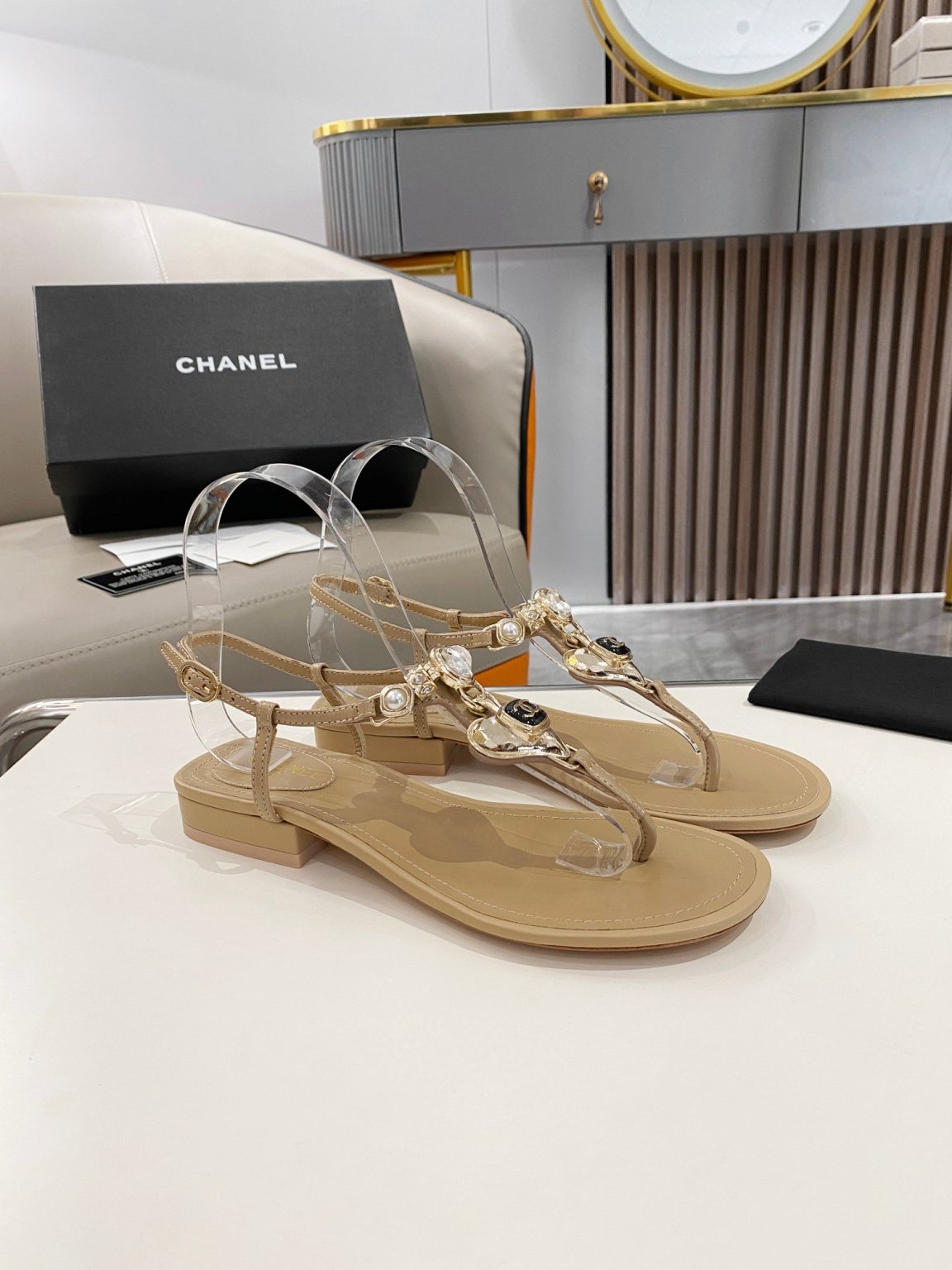 Chanel Crystal Low Heels Flip Flops Brown For Women