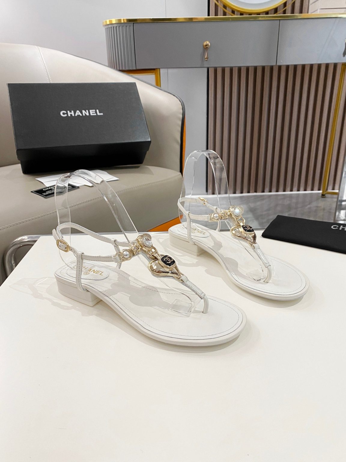 Chanel Crystal Low Heels Flip Flops White For Women