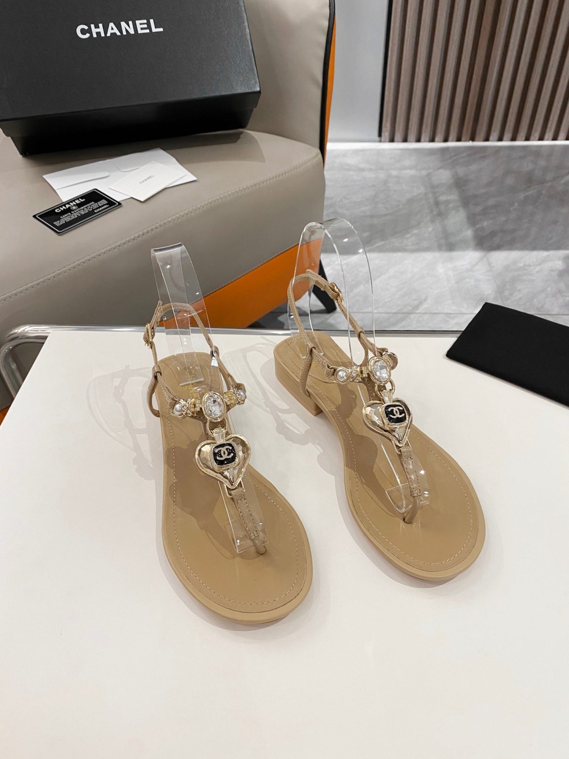 Chanel Crystal Low Heels Flip Flops Brown For Women