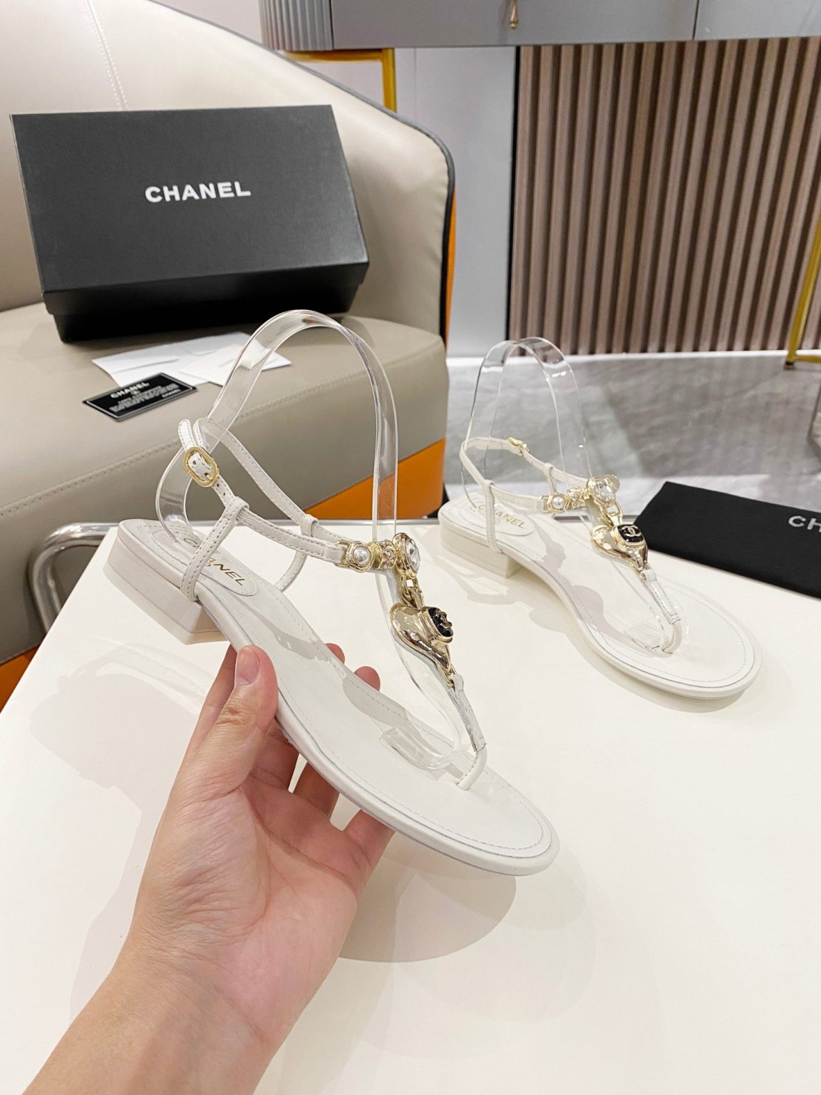 Chanel Crystal Low Heels Flip Flops White For Women