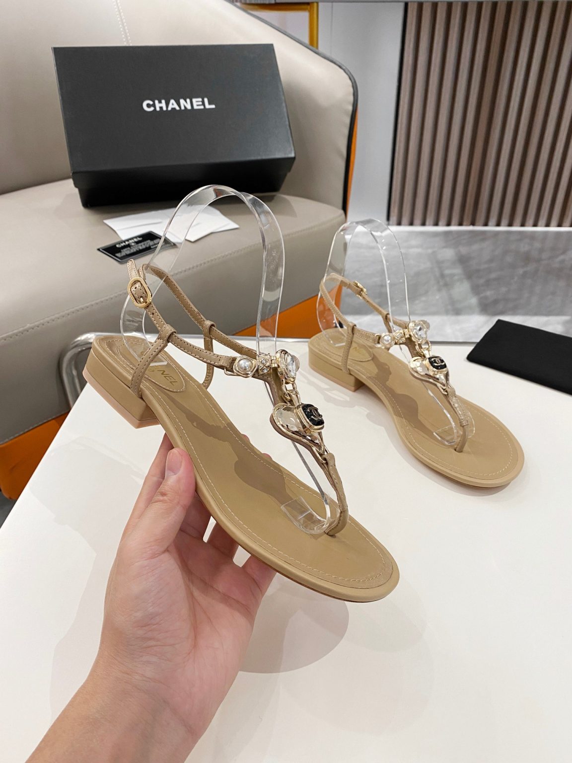 Chanel Crystal Low Heels Flip Flops Brown For Women