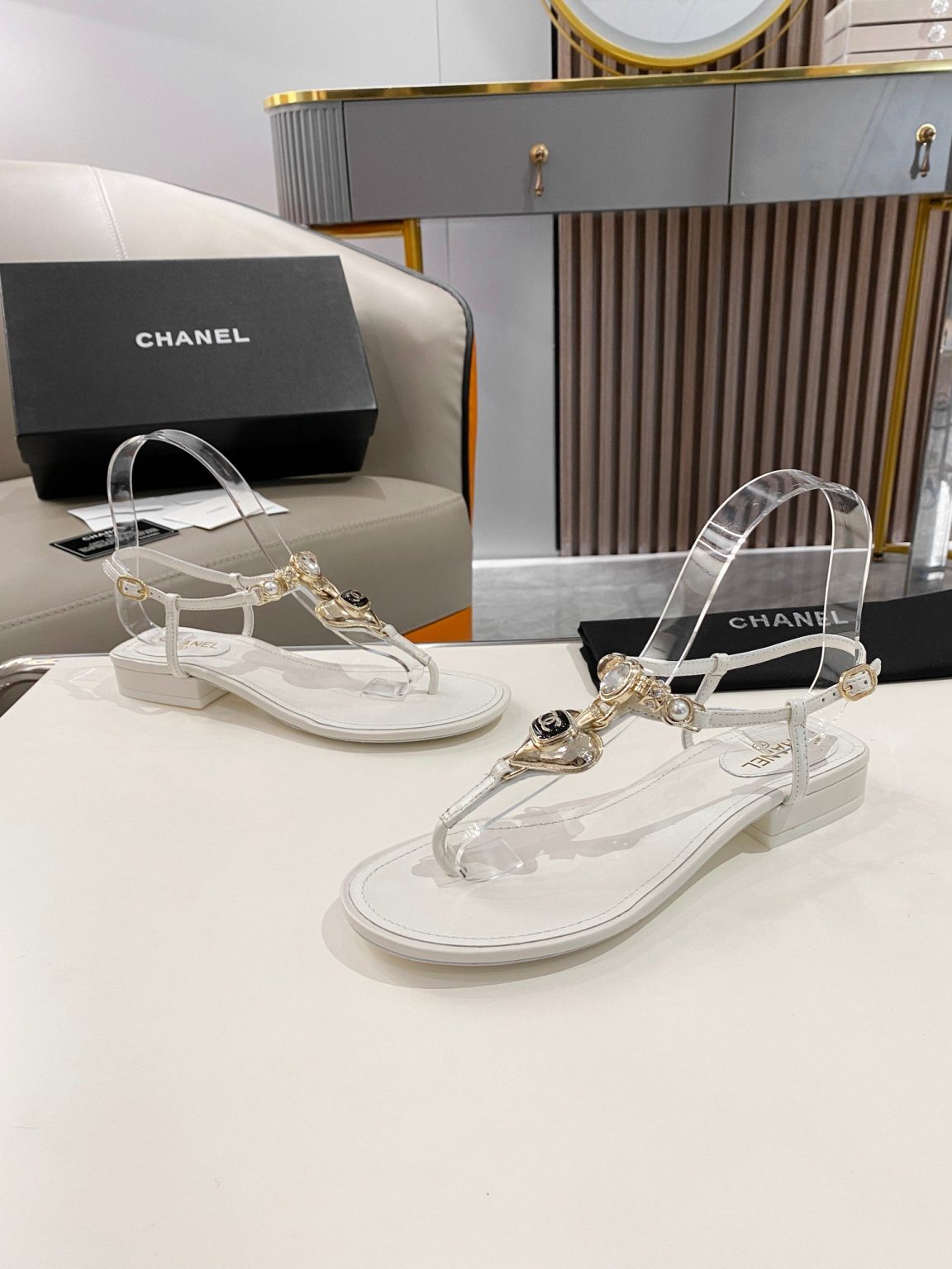 Chanel Crystal Low Heels Flip Flops White For Women