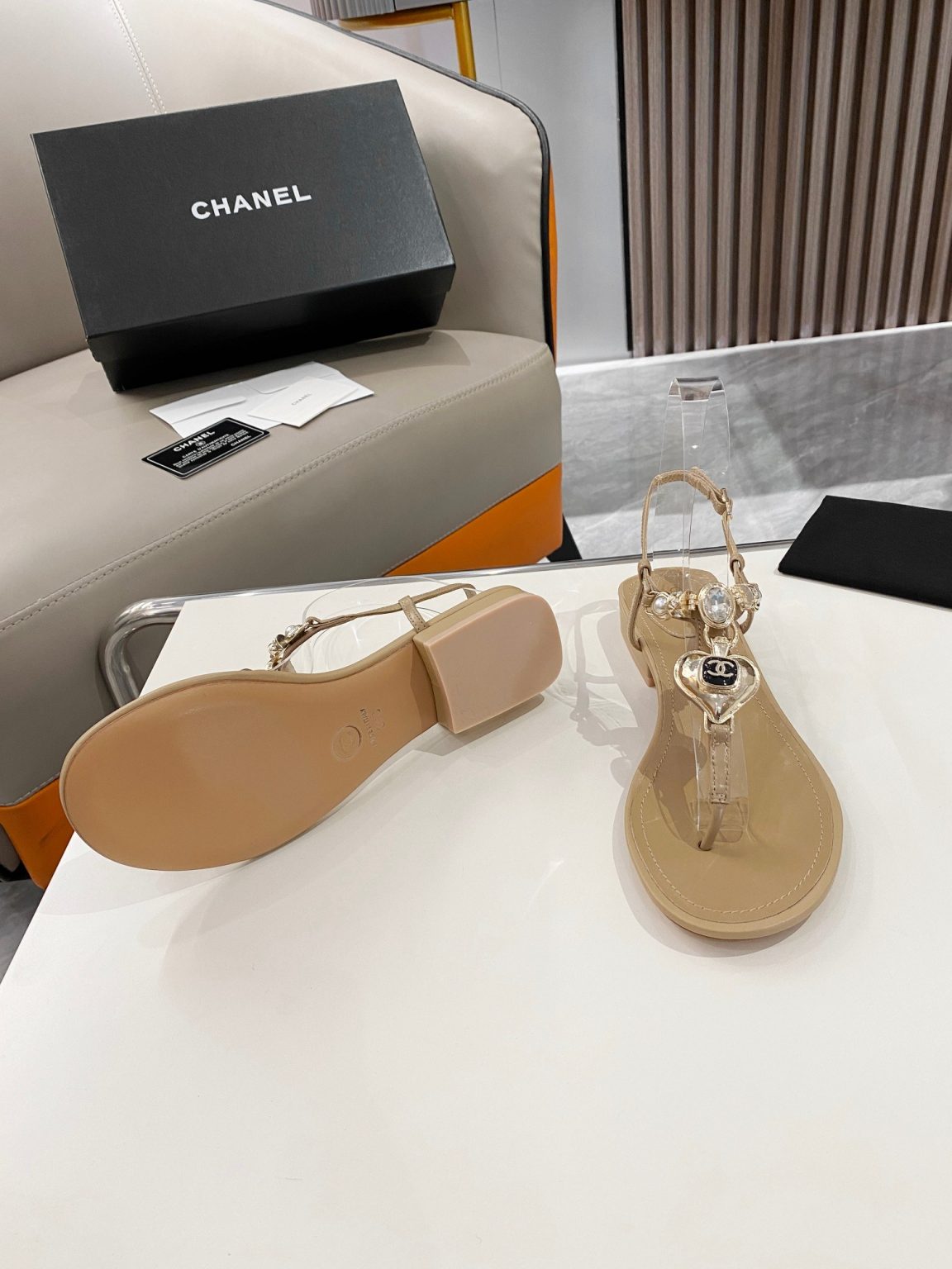 Chanel Crystal Low Heels Flip Flops Brown For Women