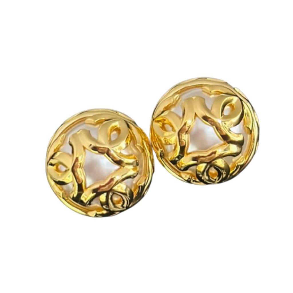 Chanel Double C-Shaped Round Pearl Earrings Gold For Women