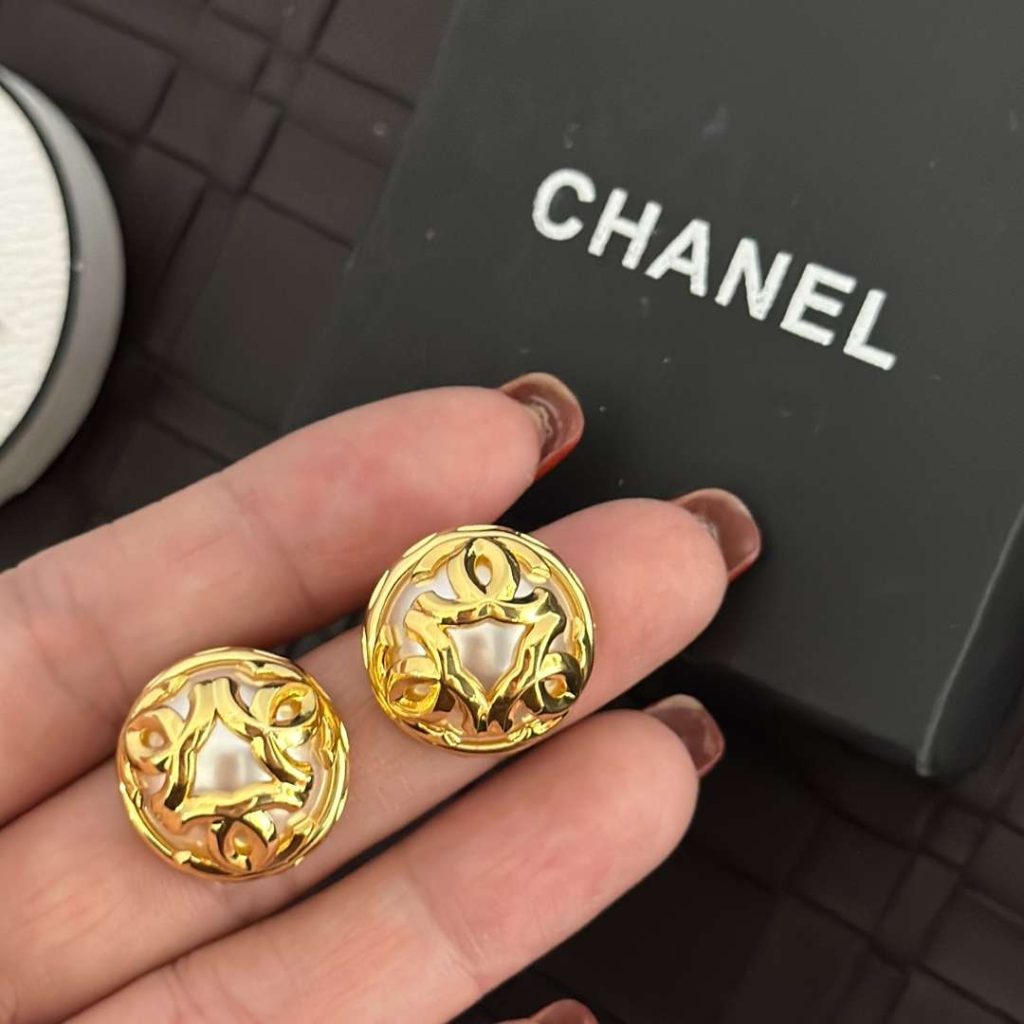 Chanel Double C-Shaped Round Pearl Earrings Gold For Women