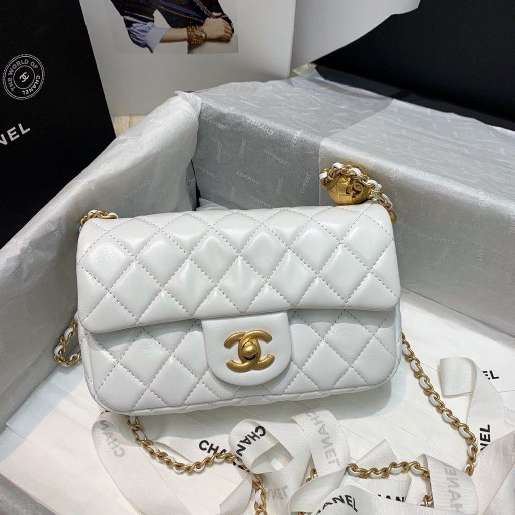 Chanel Flap Bag With CC Ball On Strap White For Women 7.8in/20cm AS1787