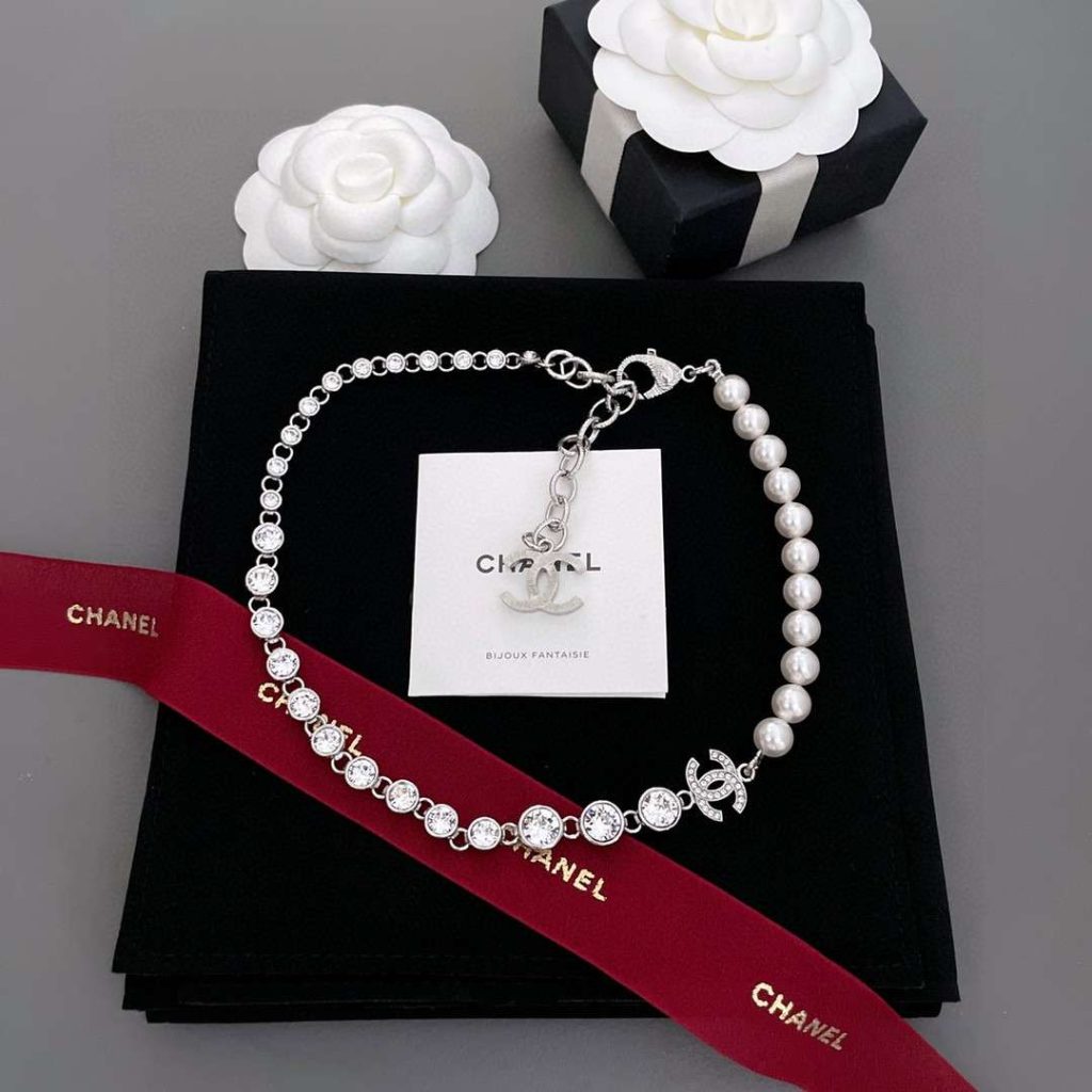 Chanel Half Bead Choker Necklace Silver For Women