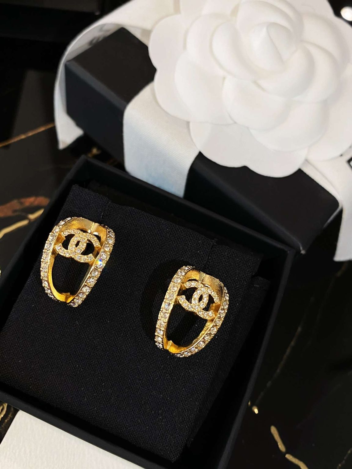 Chanel Hollow Moon Shape Earrings Gold For Women