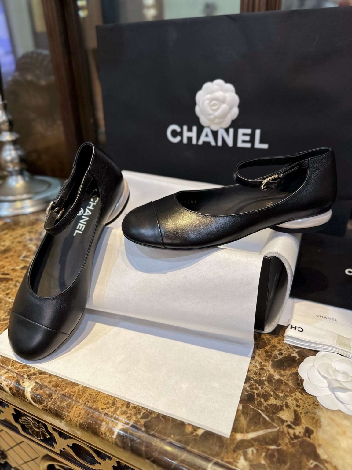 Chanel Mary Jane Flats Pearl Black For Women