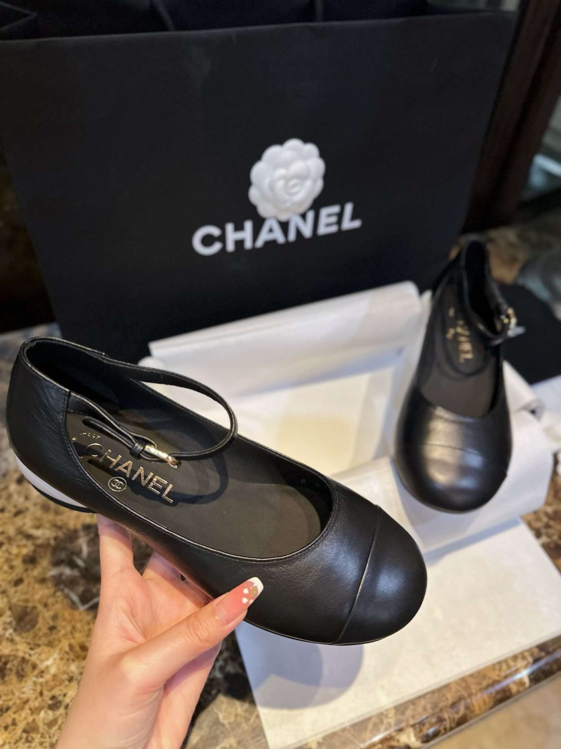 Chanel Mary Jane Flats Pearl Black For Women