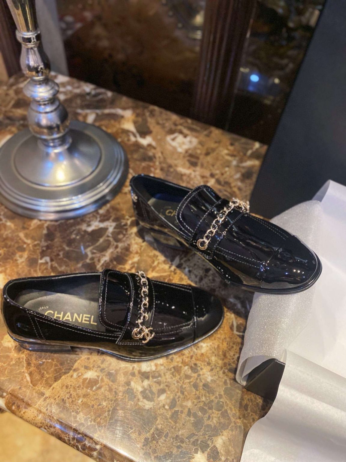 Chanel Patent Chain Loafers Black For Women