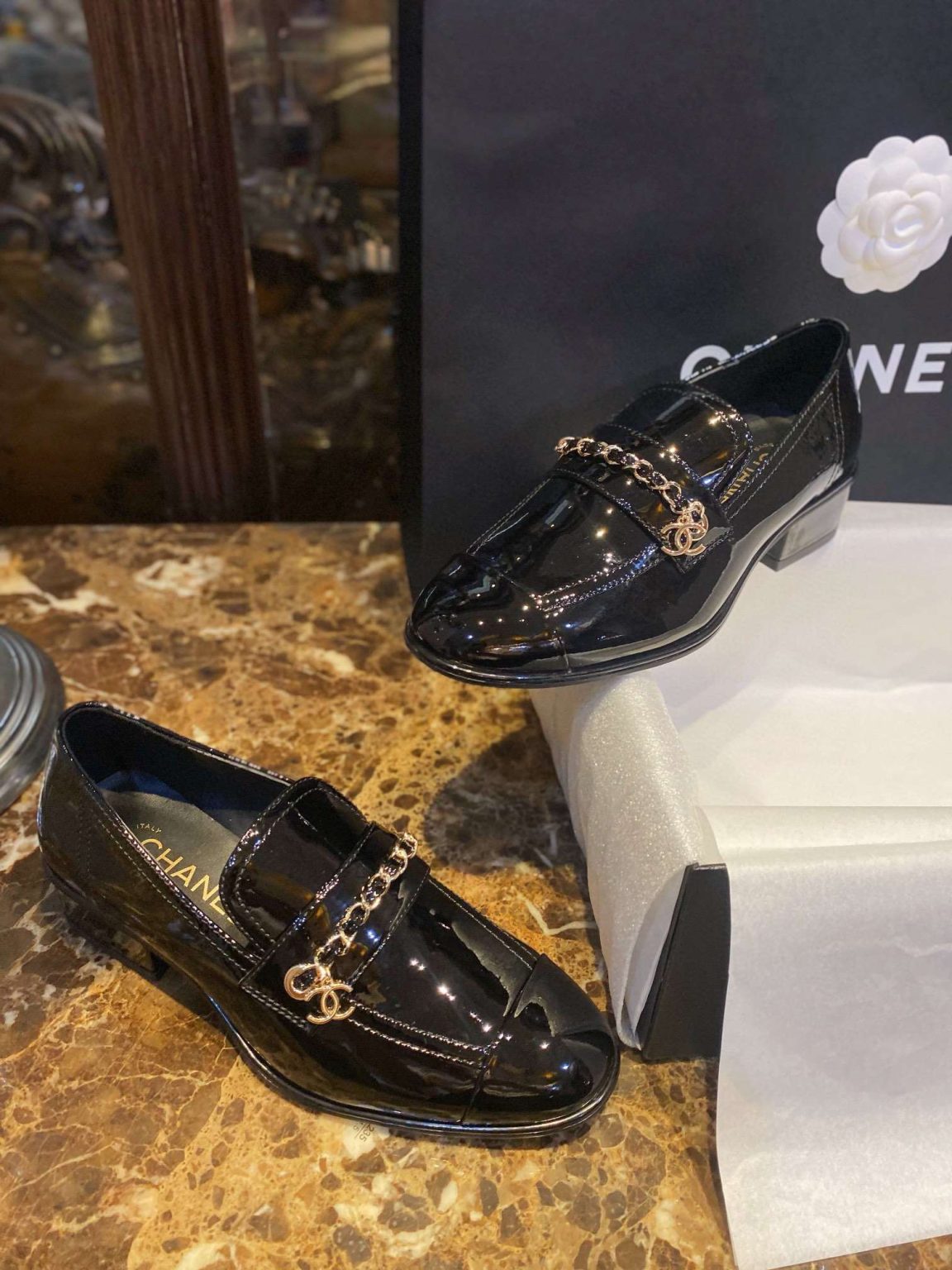 Chanel Patent Chain Loafers Black For Women