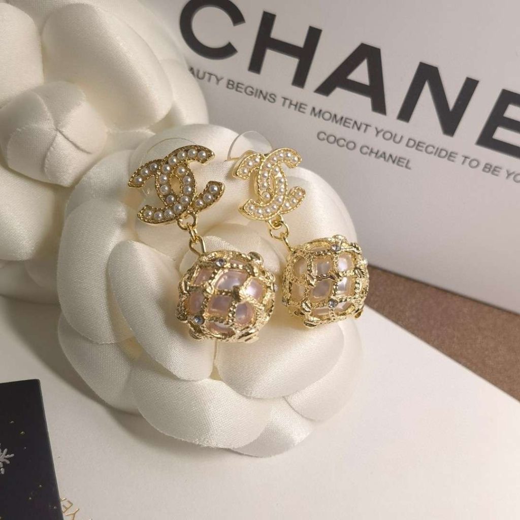 Chanel Pearl Braided Mesh Earrings Gold For Women