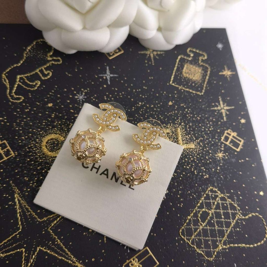 Chanel Pearl Braided Mesh Earrings Gold For Women