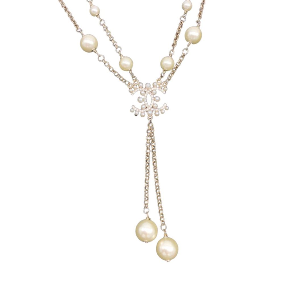 Chanel Pearl Double C Rice Beads Large And Small Necklace Gold For Women