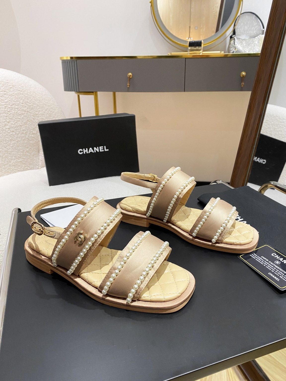 Chanel Pearl Flat Sandals Brown For Women