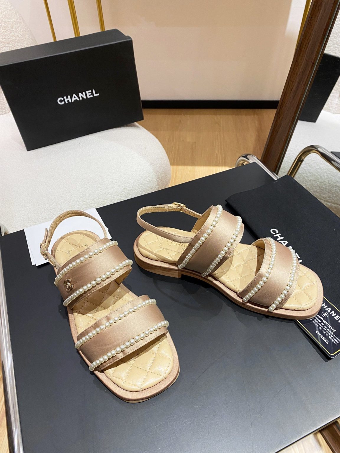 Chanel Pearl Flat Sandals Brown For Women