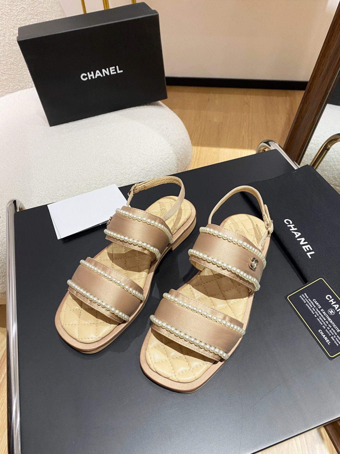 Chanel Pearl Flat Sandals Brown For Women