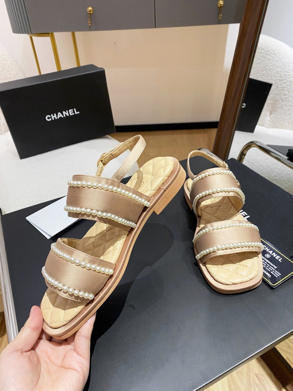 Chanel Pearl Flat Sandals Brown For Women