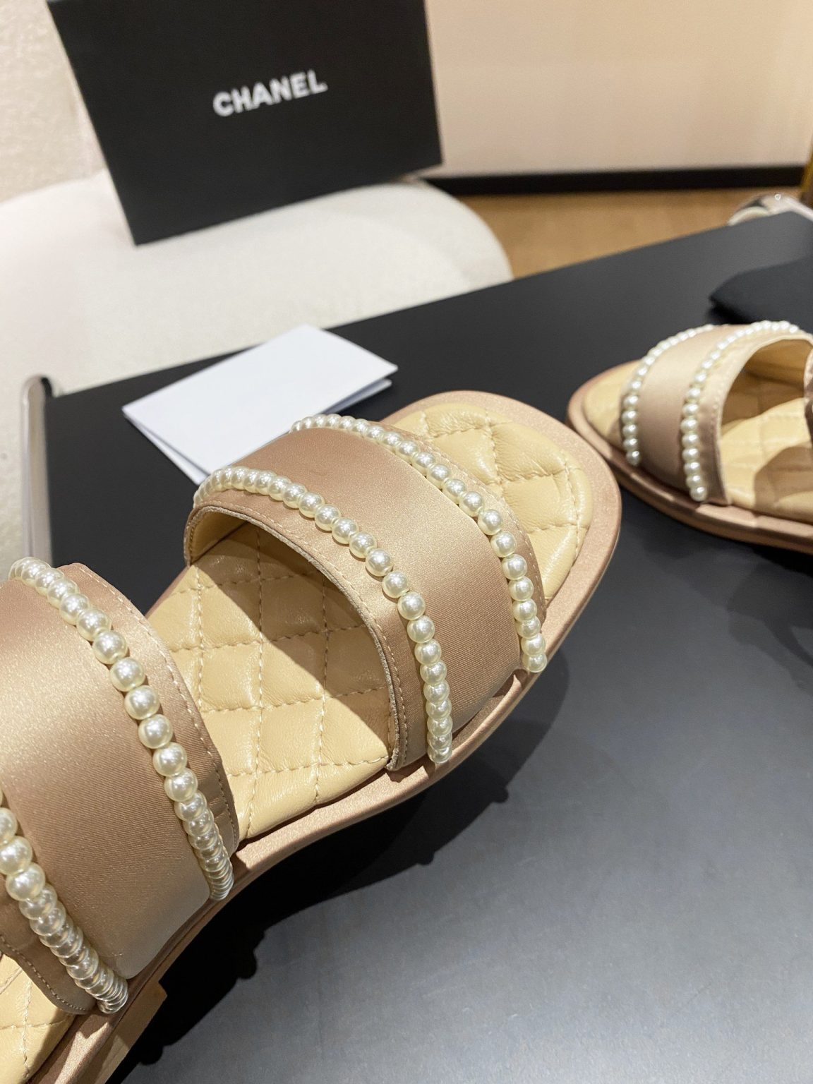 Chanel Pearl Flat Sandals Brown For Women