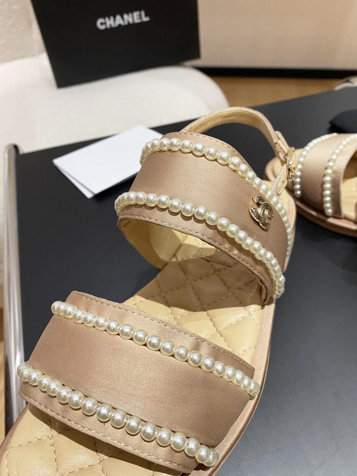 Chanel Pearl Flat Sandals Brown For Women