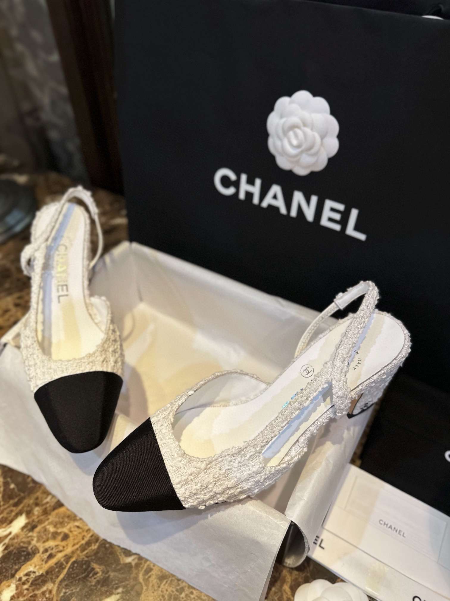 Chanel Sling Back Tweed Pumps White For Women