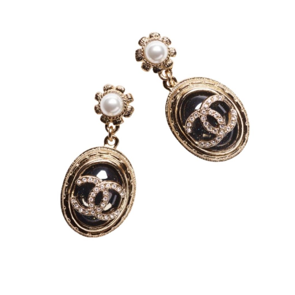 Chanel Stone Oval Earrings Gold For Women