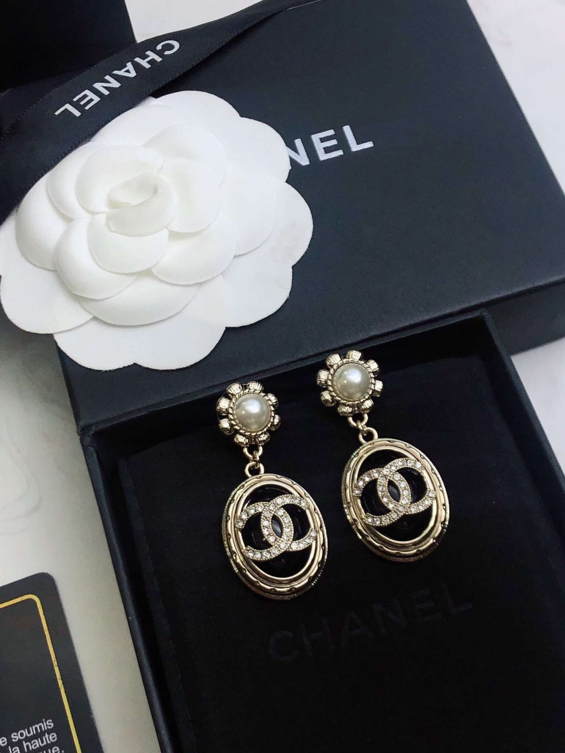 Chanel Stone Oval Earrings Gold For Women