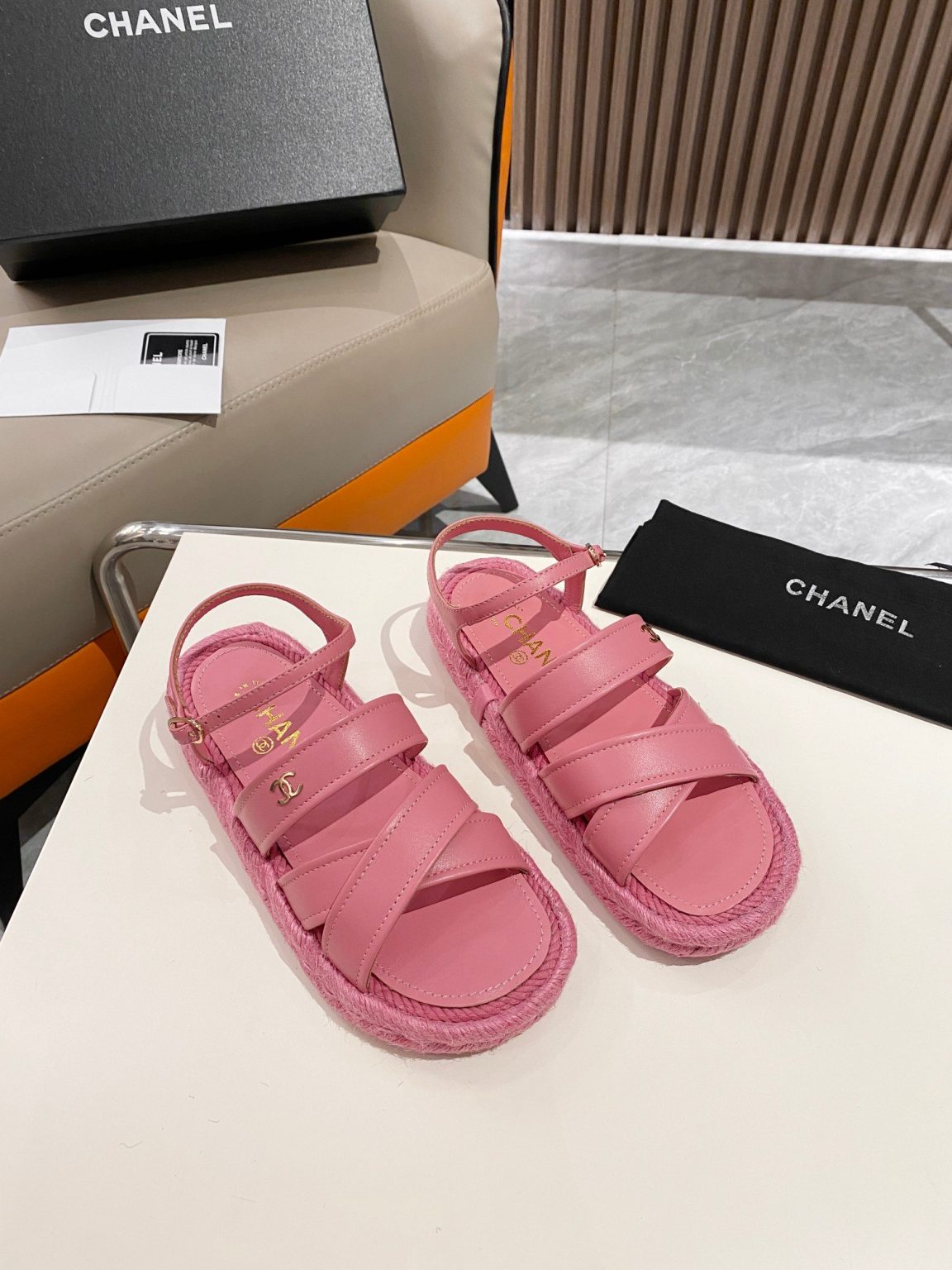 Chanel Straw Weave Strap Thick Sole Crossbody Pink For Women