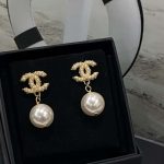 Chanel Tassel Long Crystal Diamond Pearl Earrings Gold For Women