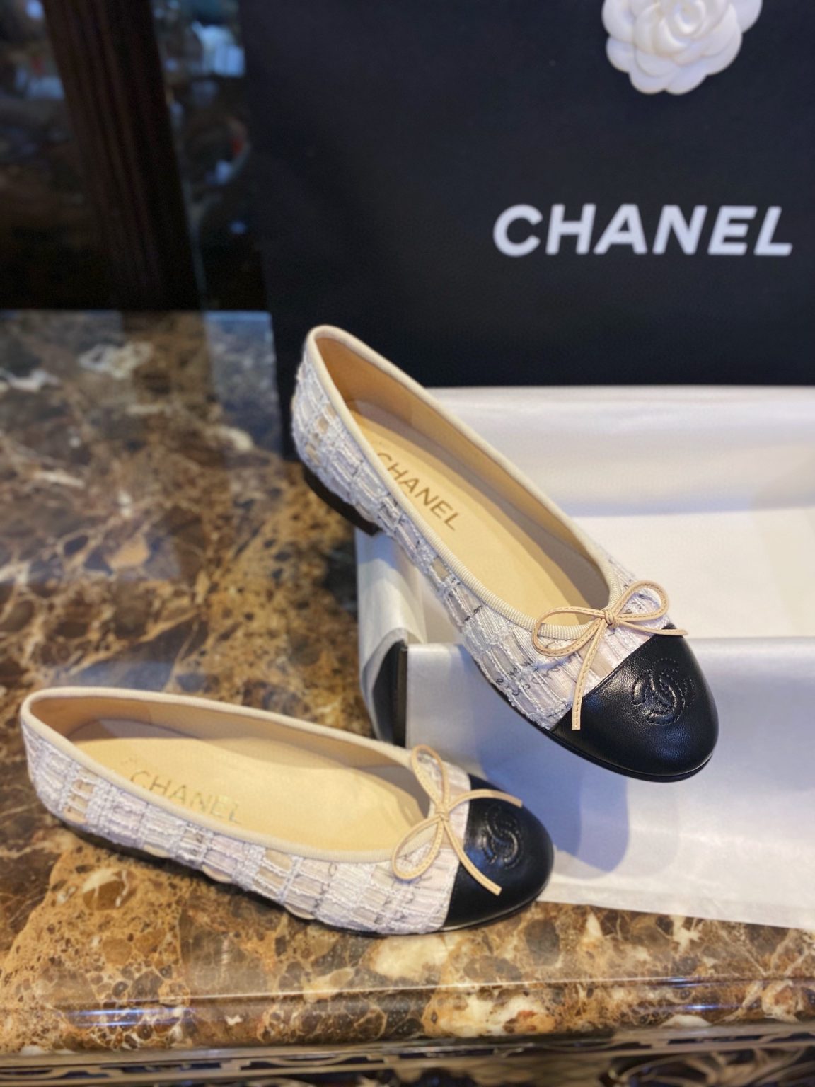 Chanel Tweed Ballet Flats White For Women