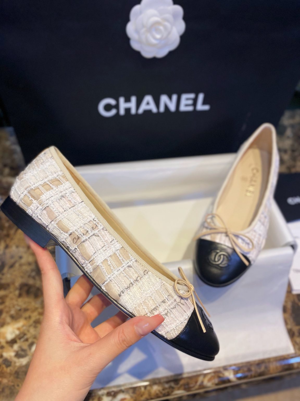 Chanel Tweed Ballet Flats White For Women