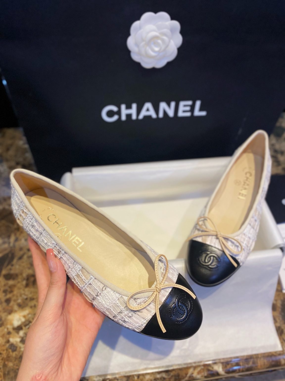 Chanel Tweed Ballet Flats White For Women