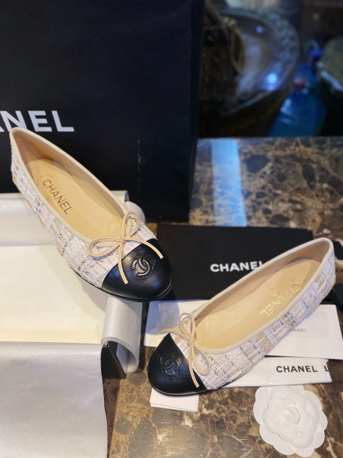 Chanel Tweed Ballet Flats White For Women