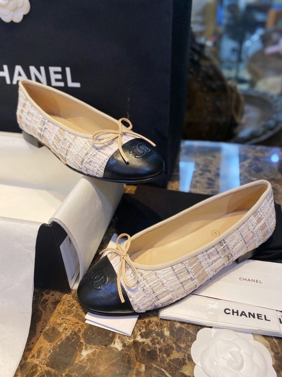 Chanel Tweed Ballet Flats White For Women