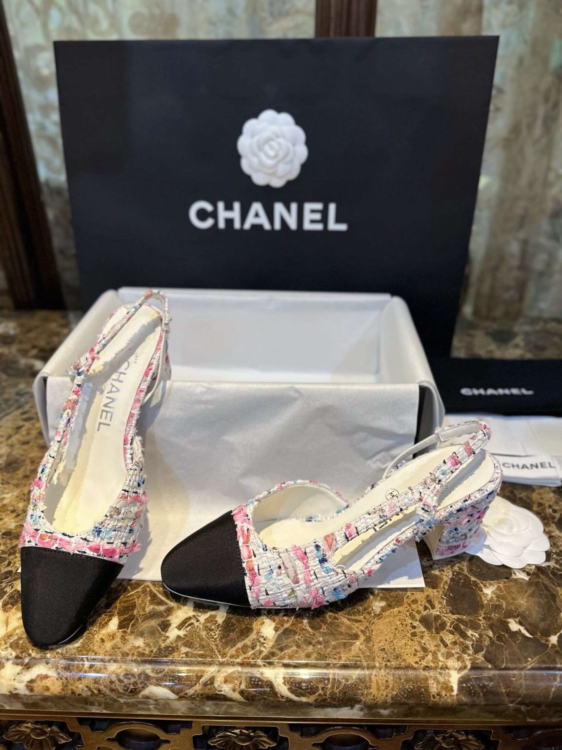 Chanel Woolen High Heel Slingback Sandals Pink For Women