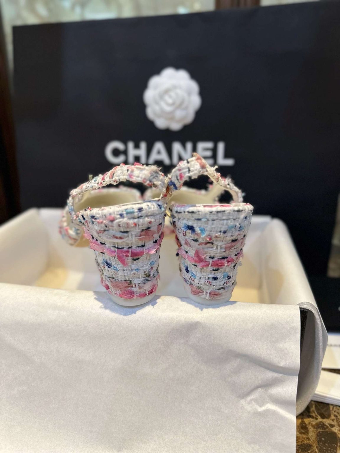 Chanel Woolen High Heel Slingback Sandals Pink For Women