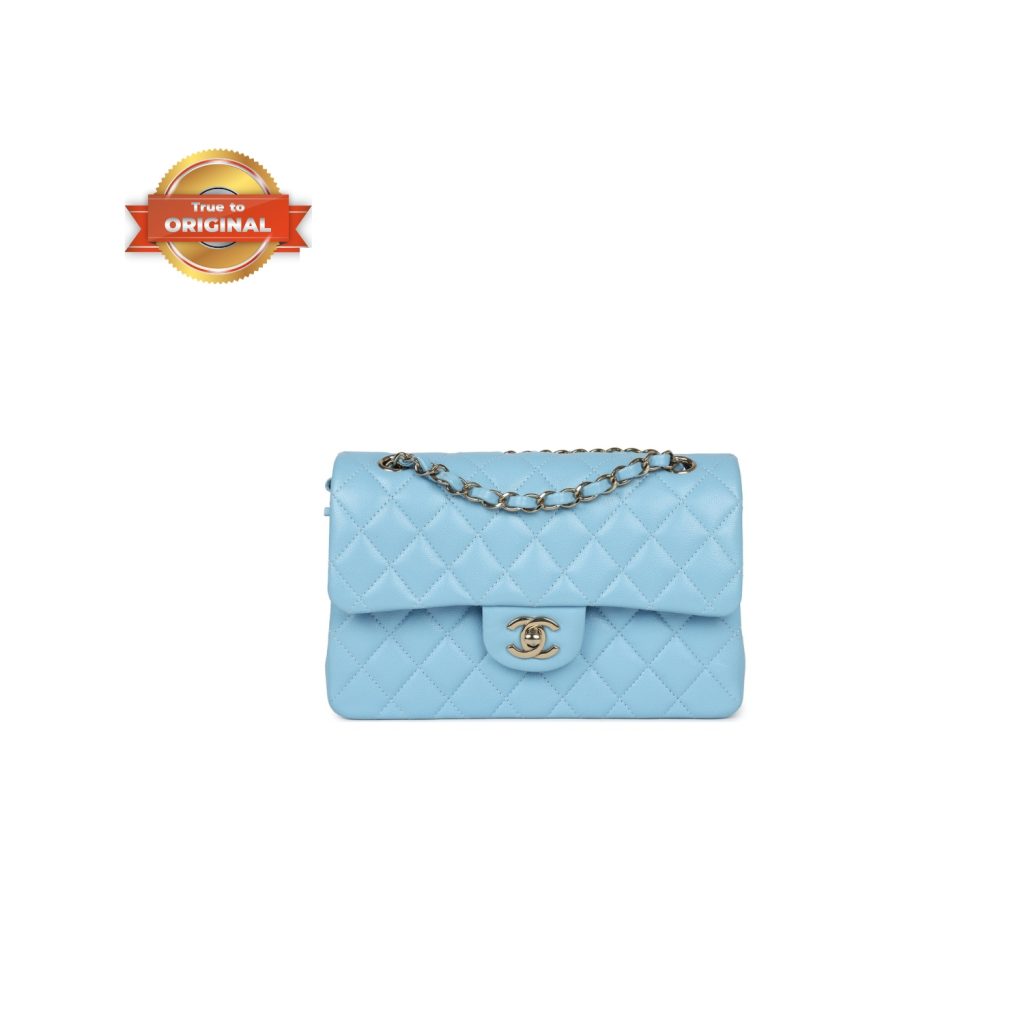 [True-to-ORIGINAL] Chanel Small Classic Double Flap Bag Light Blue For Women 9in/23cm