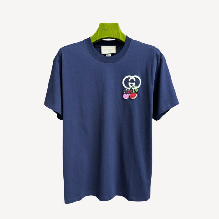 Gucci Cherry Embroidery T-Shirt Navy Blue For Women