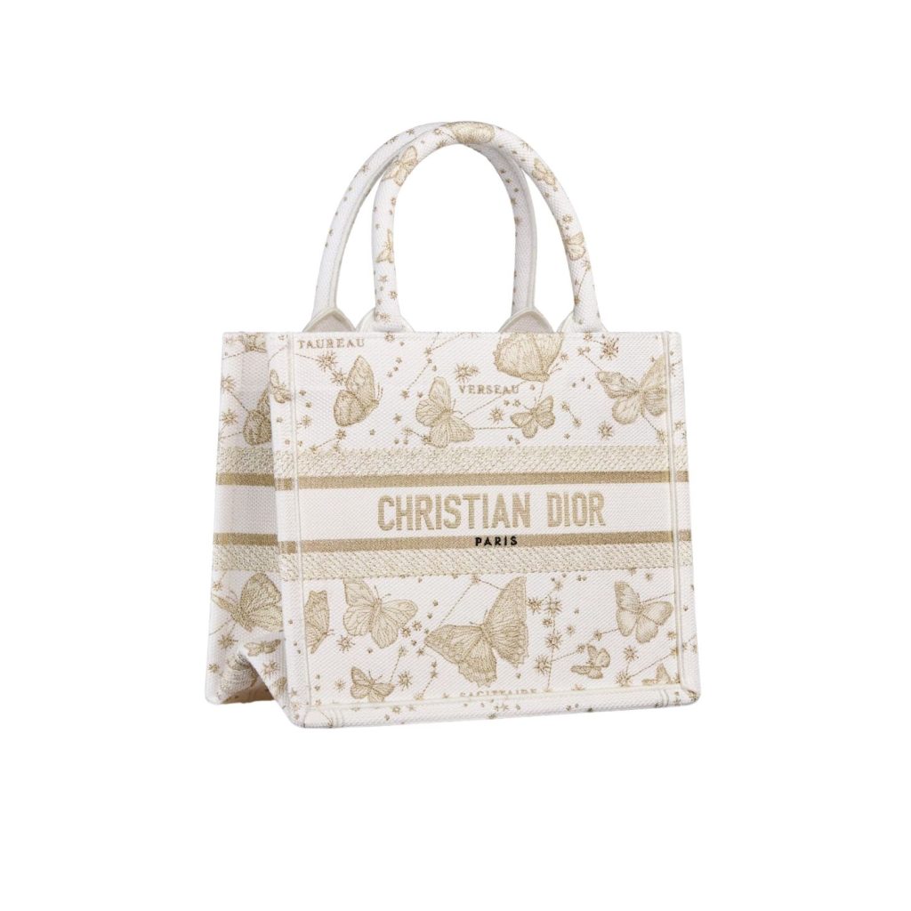 Christian Dior Small Dior Book Tote Gold-Tone And White Bag For Women M1265ZESU_M01E- 10.5 Inches/ 26.5 Cm