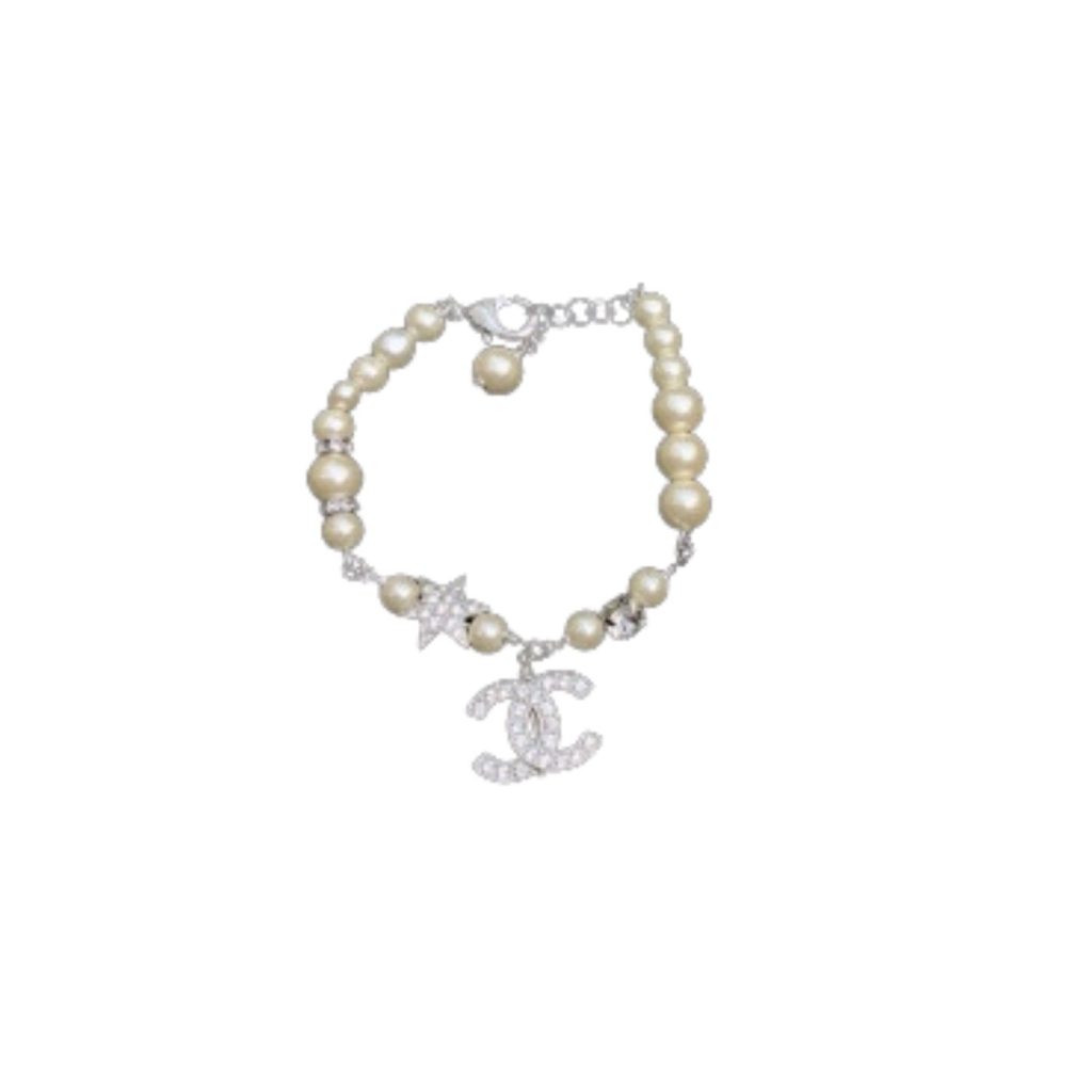 Chanel Dangling Douple C Pearl Chain Bracelet Silver Tone For Women