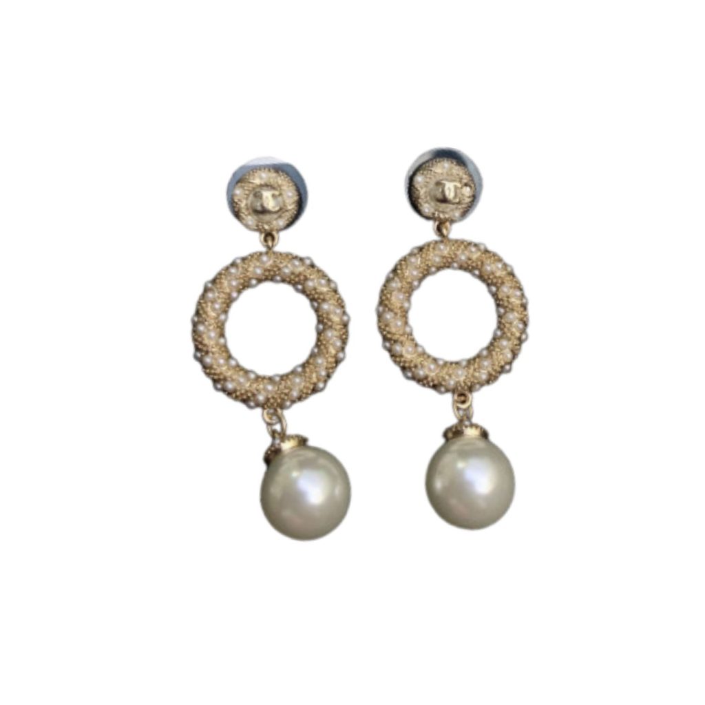 Dangling White Pearl And Circle Earrings Gold Tone For Women